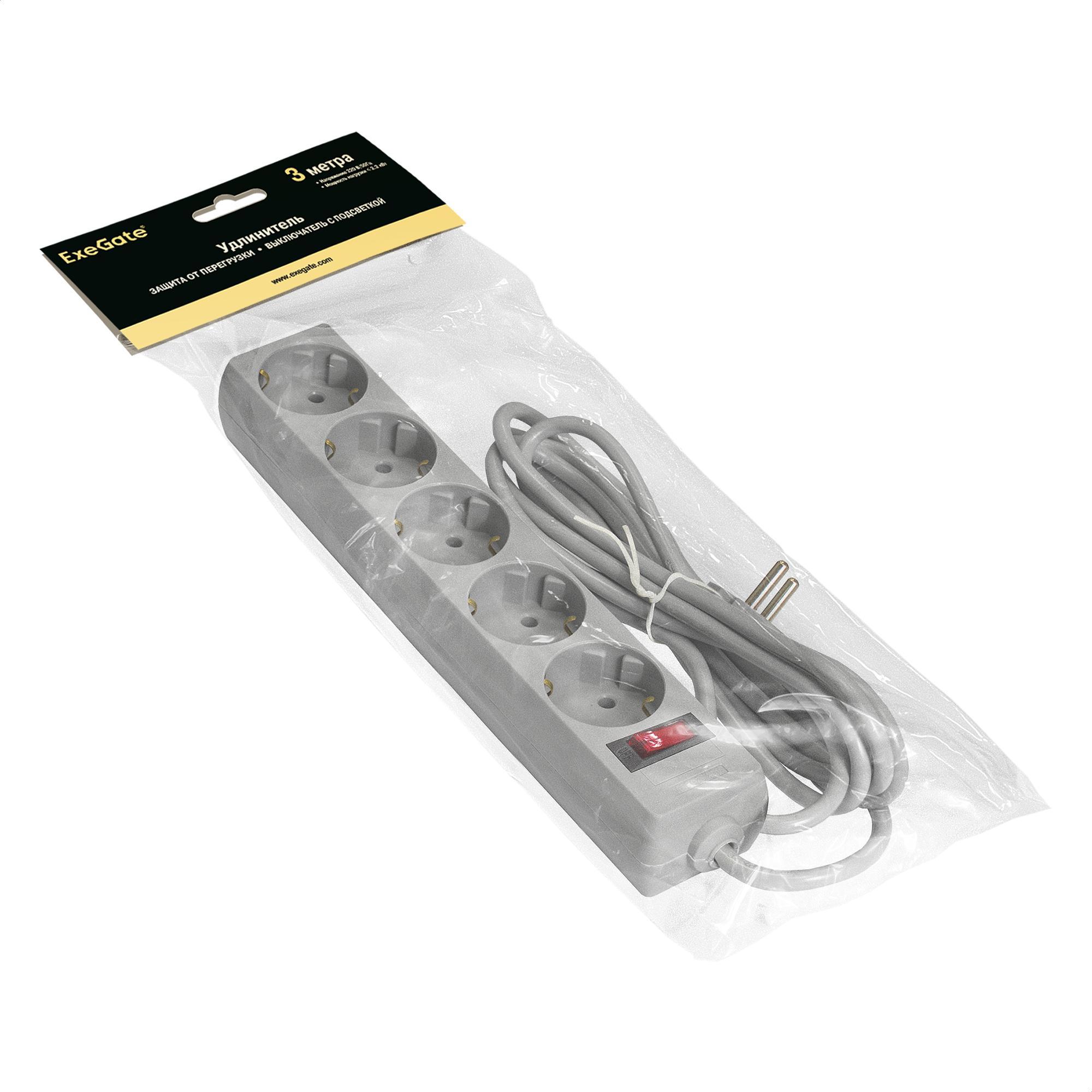 Изображение товара Удлинитель бытовой Exegate 285799 5 розеток заземление 3м серый