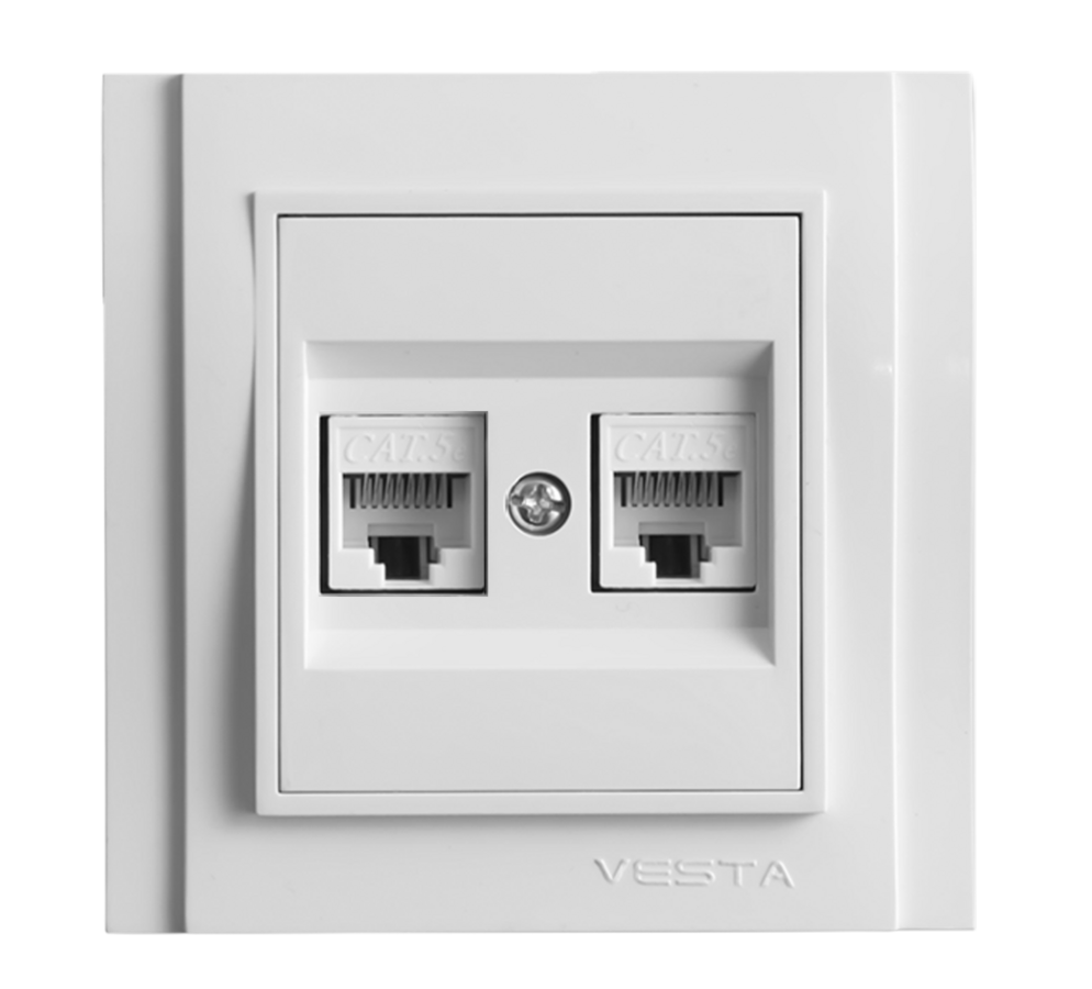 Изображение товара Розетка RJ45 встраиваемая двойная Vesta-electric Verona FRZCW020102BEL с заземлением цвет белый Изображение товара Розетка RJ45 встраиваемая двойная Vesta-electric Verona FRZCW020102BEL с заземлением цвет белый