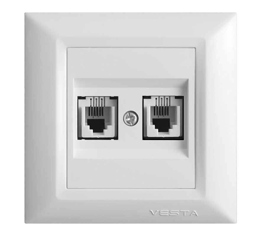 Изображение товара Розетка RJ45 двойная встраиваемая Vesta-electric Roma FRZCW010102BEL с заземлением цвет белый Изображение товара Розетка RJ45 двойная встраиваемая Vesta-electric Roma FRZCW010102BEL с заземлением цвет белый