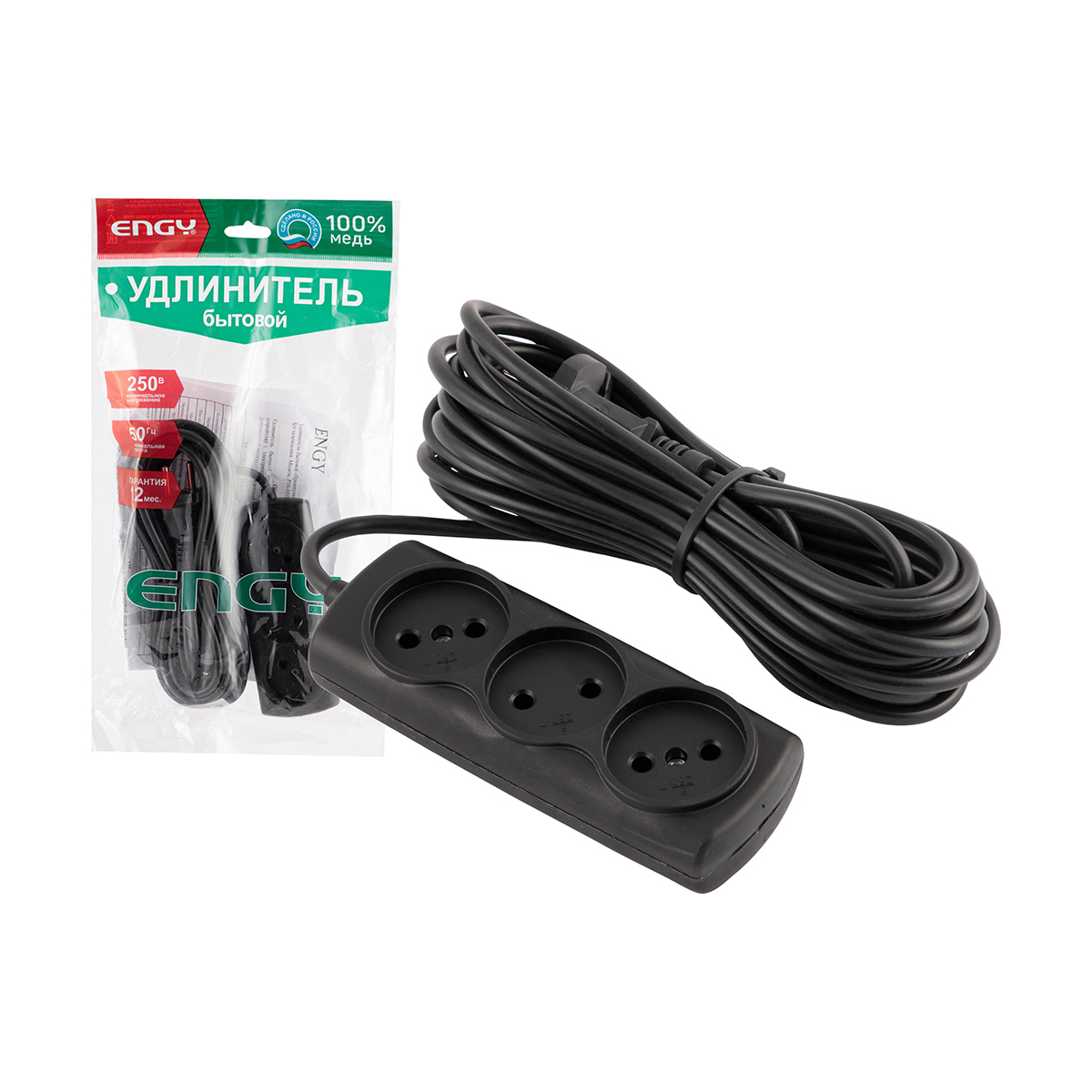 Изображение товара Удлинитель бытовой Engy Премиум 220804 2x0.75 7 м 3 розетки с заземлением 1300 Вт цвет черный