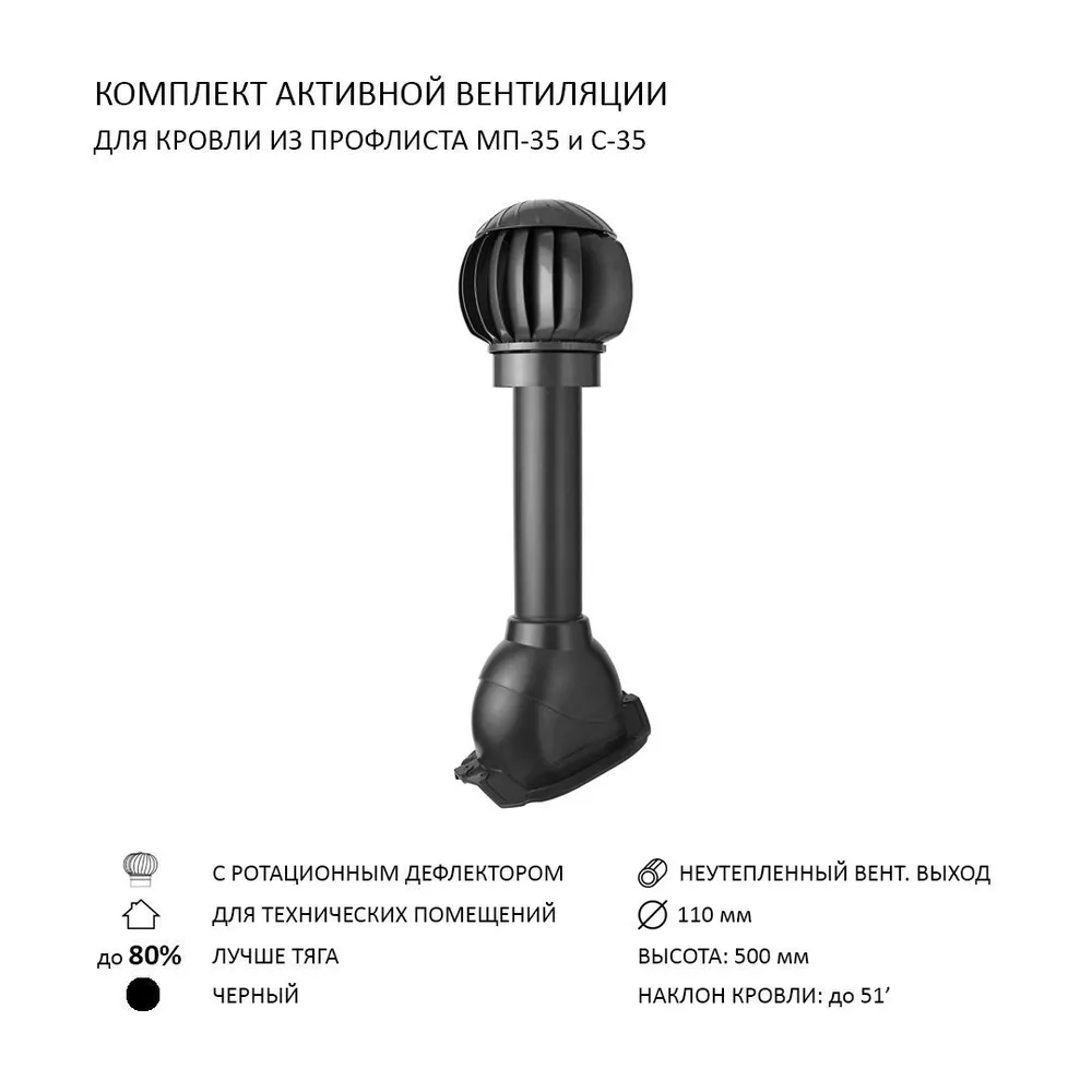Изображение товара Нанодефлектор Polivent ND100 с манжетой 110 для профнастила 35 мм черный