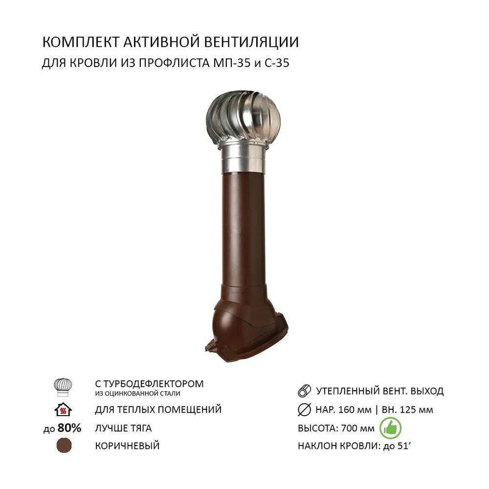 Изображение товара Турбодефлектор Polivent TD160 ОЦ утепленный Н700 для кровельного профнастила 35 мм цвет коричневый
