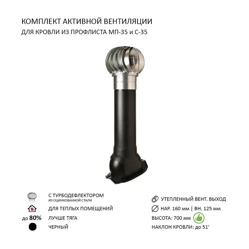 Изображение товара Турбодефлектор Polivent TD160 ОЦ утепленный Н700 для кровельного профнастила 35 мм цвет черный