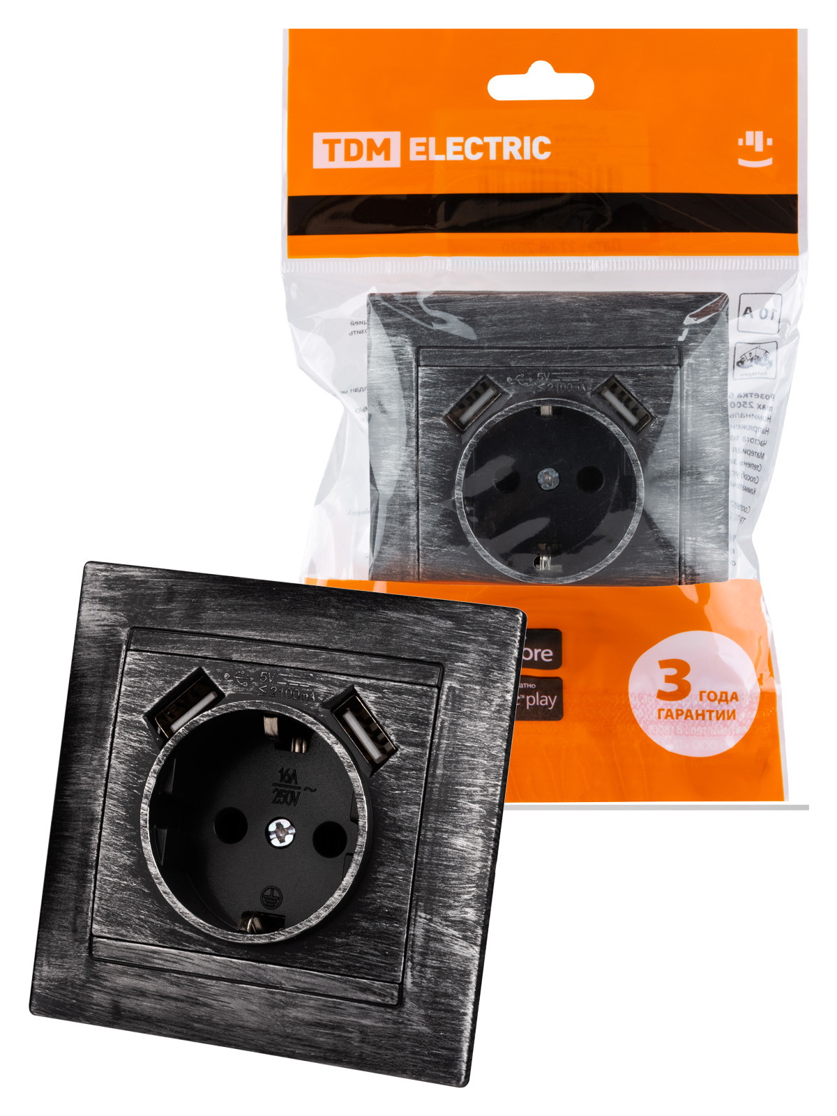 Изображение товара Розетка встраиваемая Tdm electric Лама SQ1815-0669 с заземлением 2 USB цвет старинное серебро