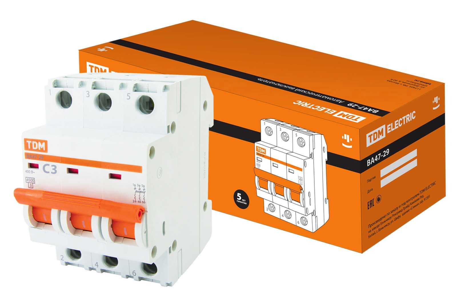 Изображение товара Автоматический выключатель Tdm electric ВА47-29 3P C3 А 4.5 кА SQ0206-0102