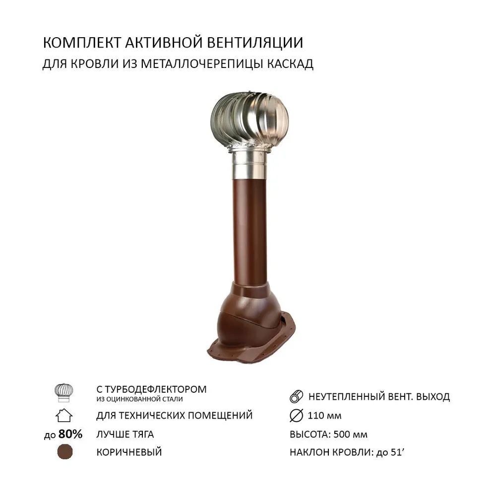 Изображение товара Активная вентиляция Polivent турбодефлектор TD110 оцинкованный вентиляционный выход 110 неутепленный для скатной кровли Каскад цвет коричневый