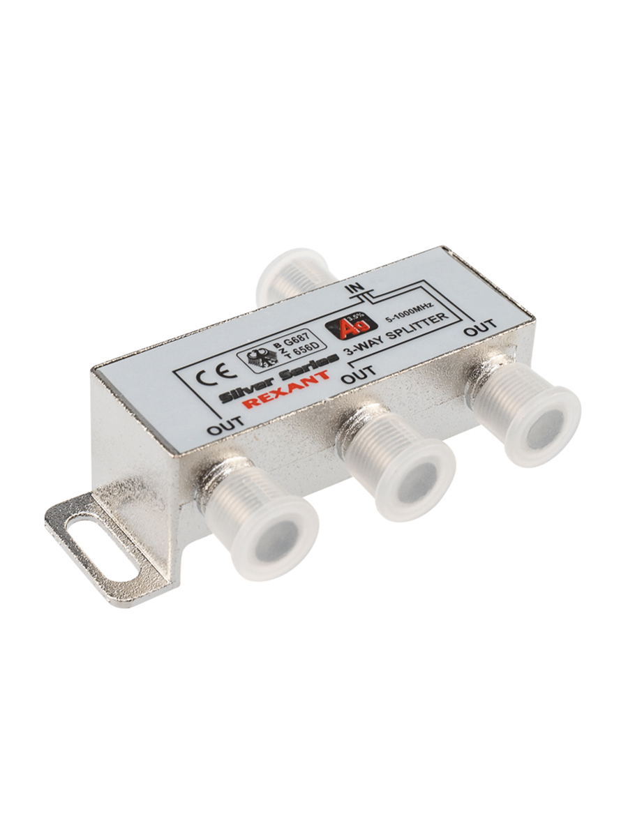 Изображение товара Делитель Rexant ТВх3 под F-разъем 5-1000 МГц 4 выхода серебросодержащий корпус