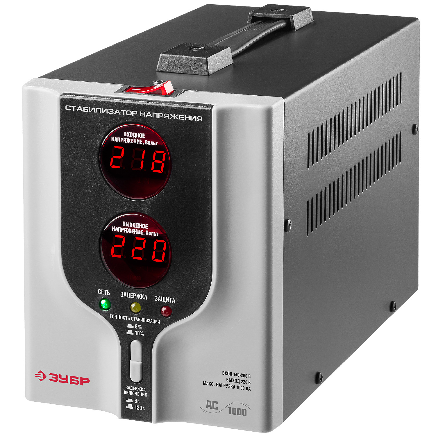 Изображение товара Стабилизатор напряжения ЗУБР 59375-1 1000 Вт с защитой от перенапряжения