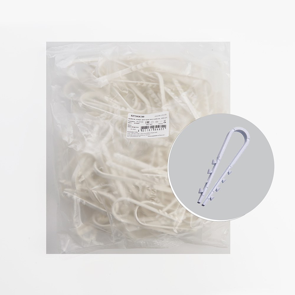 Изображение товара Дюбель-хомут Stekker для круглого кабеля 19x10мм нейлон белый 100шт