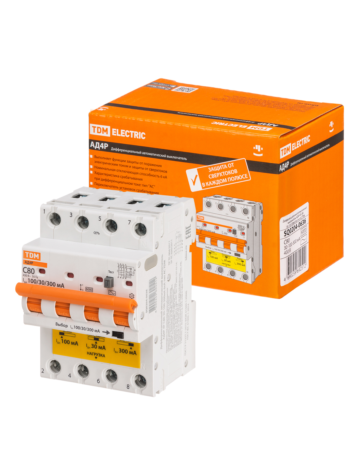 Изображение товара Дифференциальный автомат Tdm electric АД4P 4P C32 300 мА 6 кА