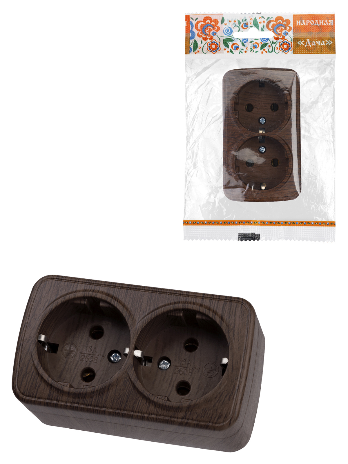 Изображение товара Розетка двойная накладная TDM Electric Дача Народная 16А венге с заземлением