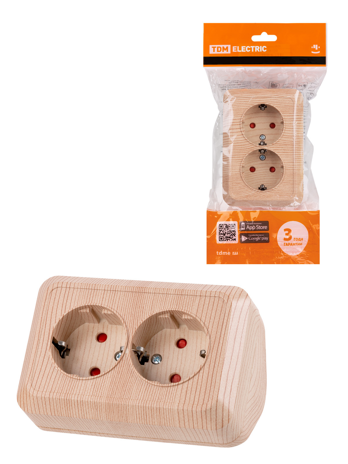 Изображение товара Розетка угловая двойная накладная TDM Electric Ладога с заземлением и шторками цвет сосна