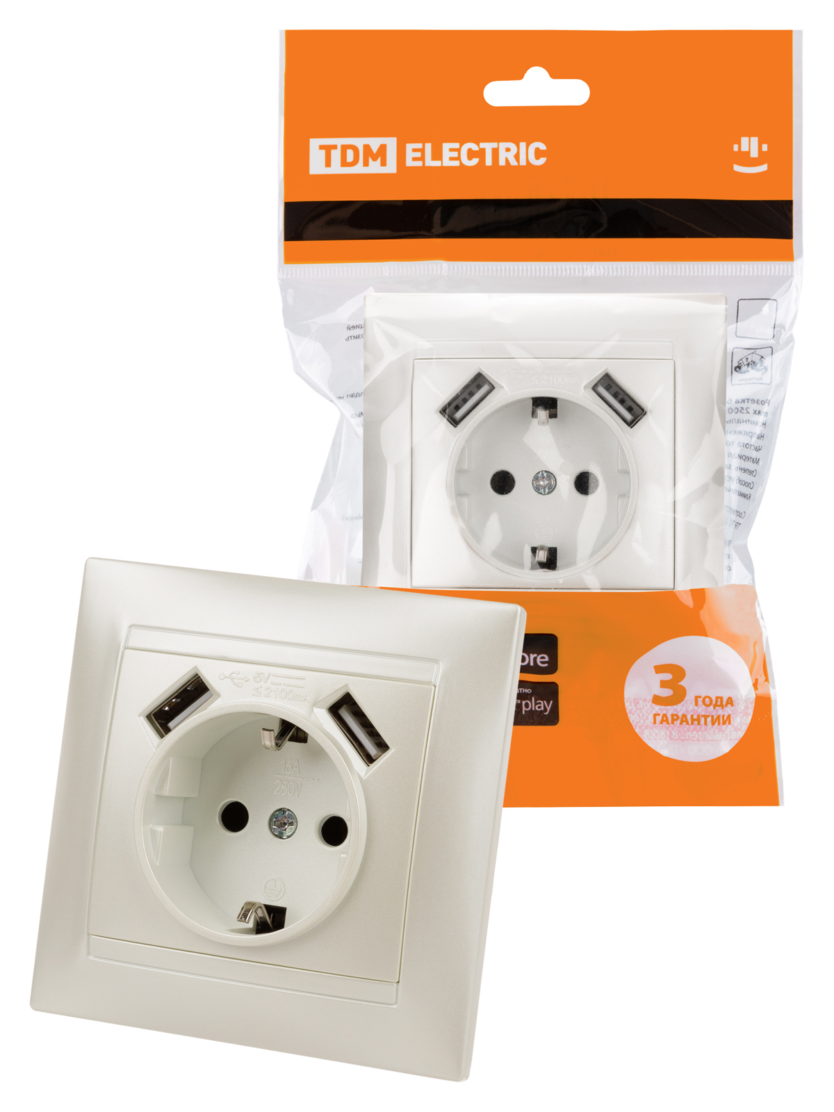 Изображение товара Розетка TDM Electric Лама 16А и 2 USB порта перламутр
