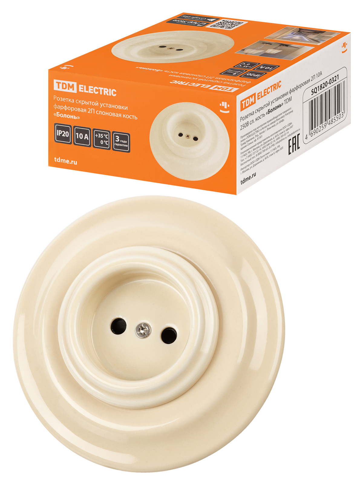 Изображение товара Розетка TDM Electric Болонь фарфоровый 10А слоновая кость