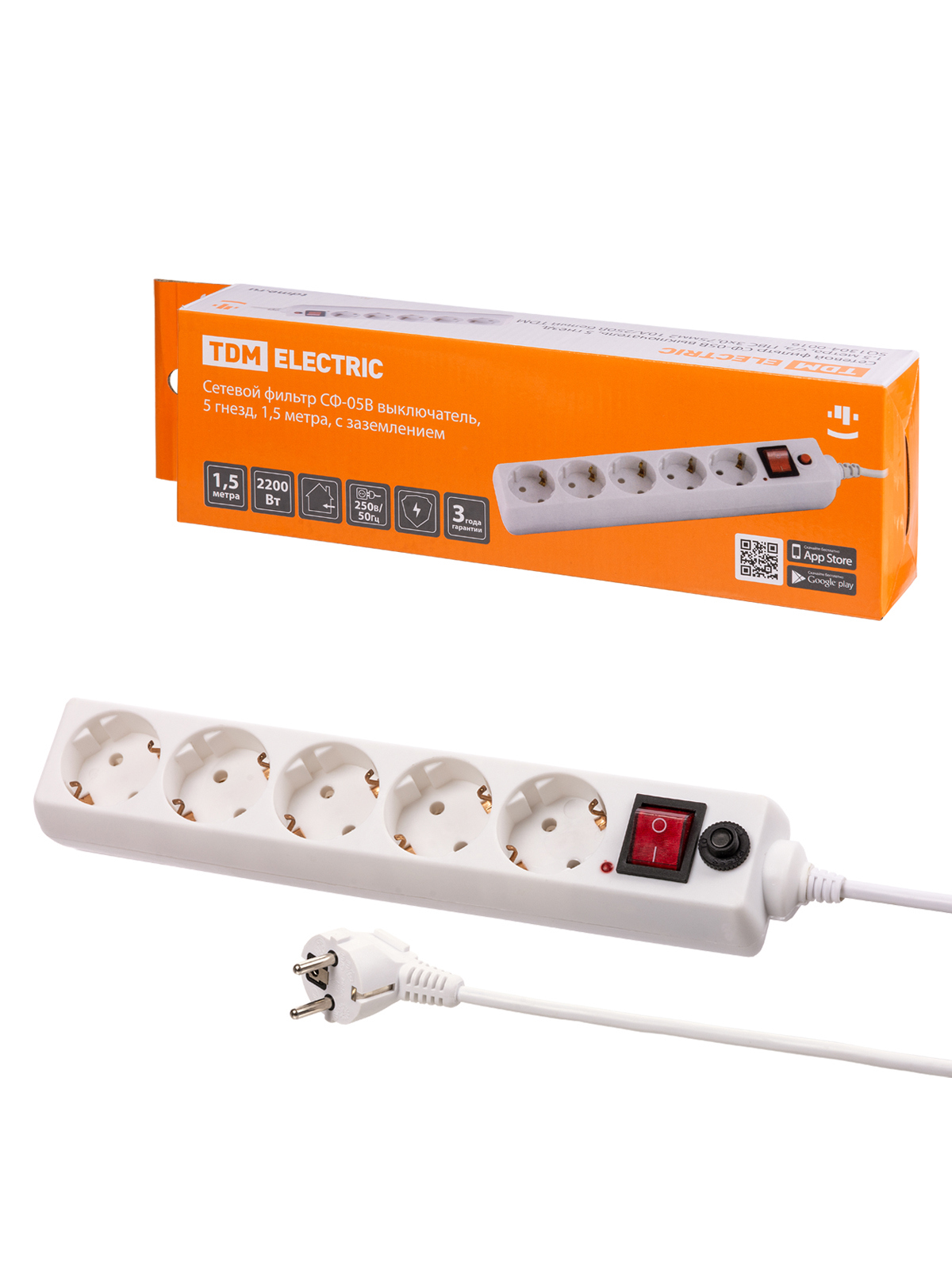 Изображение товара Сетевой фильтр Tdm electric SQ1304-0016 5 розеток с заземлением 3x0.75 мм 1.5 м 2200 Вт цвет белый Изображение товара Сетевой фильтр Tdm electric SQ1304-0016 5 розеток с заземлением 3x0.75 мм 1.5 м 2200 Вт цвет белый
