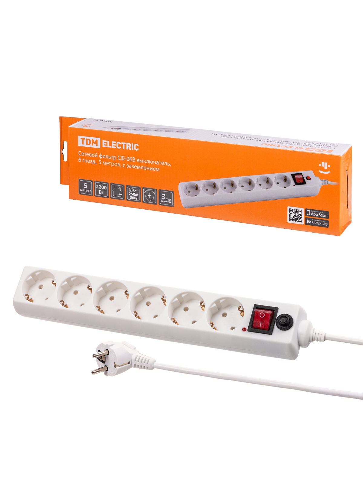 Изображение товара Сетевой фильтр TDM ELECTRIC SQ1304-0021 6 розеток с заземлением, 5 м кабель Изображение товара Сетевой фильтр TDM ELECTRIC SQ1304-0021 6 розеток с заземлением, 5 м кабель