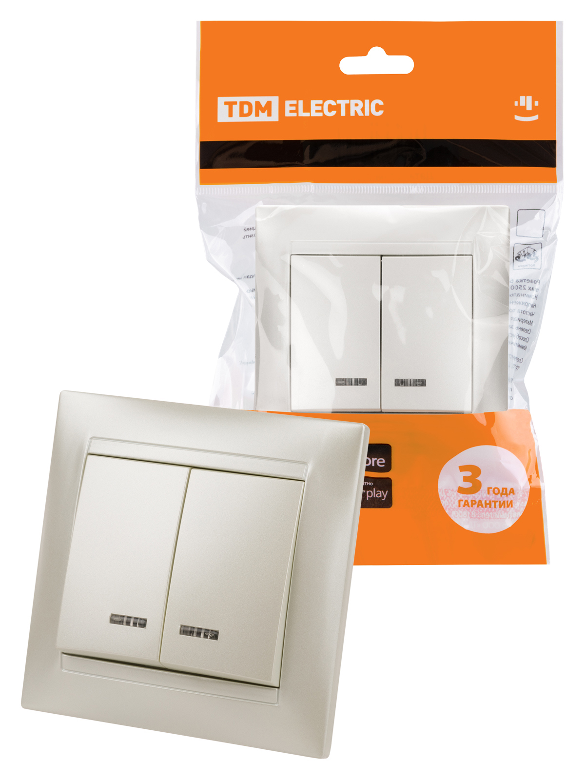 Изображение товара Выключатель встраиваемый TDM ELECTRIC Лама SQ1815-0805 2 клавиши подсветка перламутр