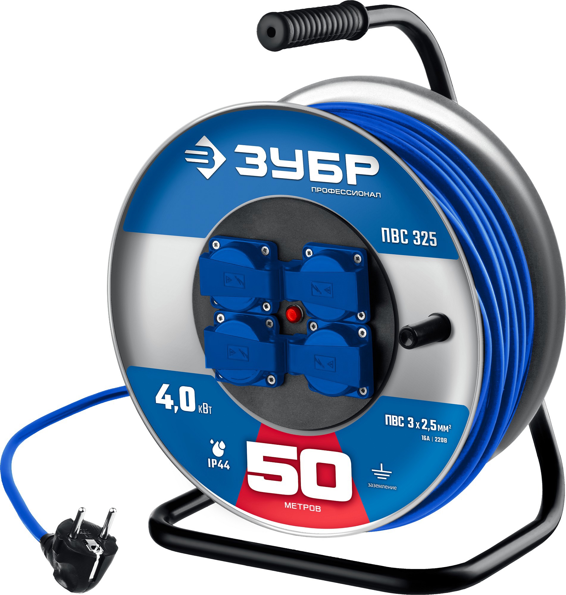 Изображение товара Удлинитель на катушке ЗУБР 55102-50 4 розетки с заземлением 50м синий