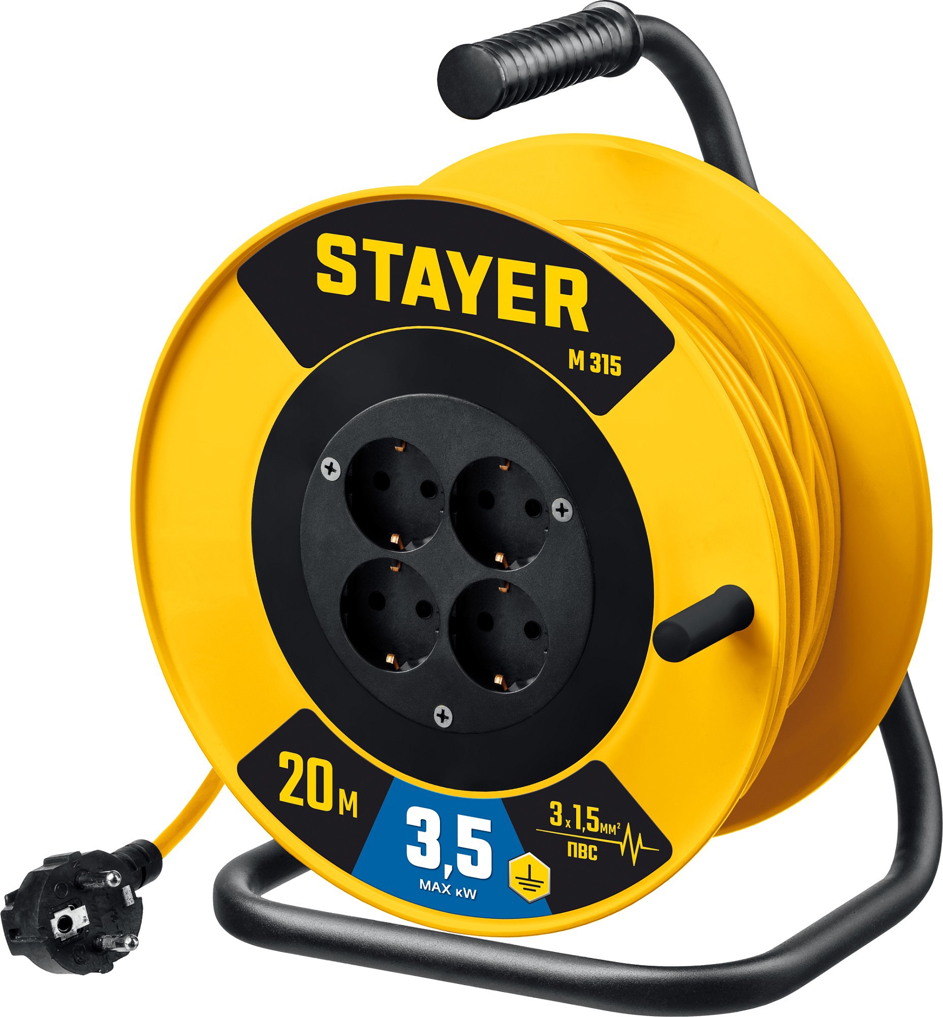Изображение товара Удлинитель на катушке силовой Stayer 55078-20_z01 4 розетки с заземлением 3x1.5 мм 20 м 3500 Вт цвет желтый Изображение товара Удлинитель на катушке силовой Stayer 55078-20_z01 4 розетки с заземлением 3x1.5 мм 20 м 3500 Вт цвет желтый