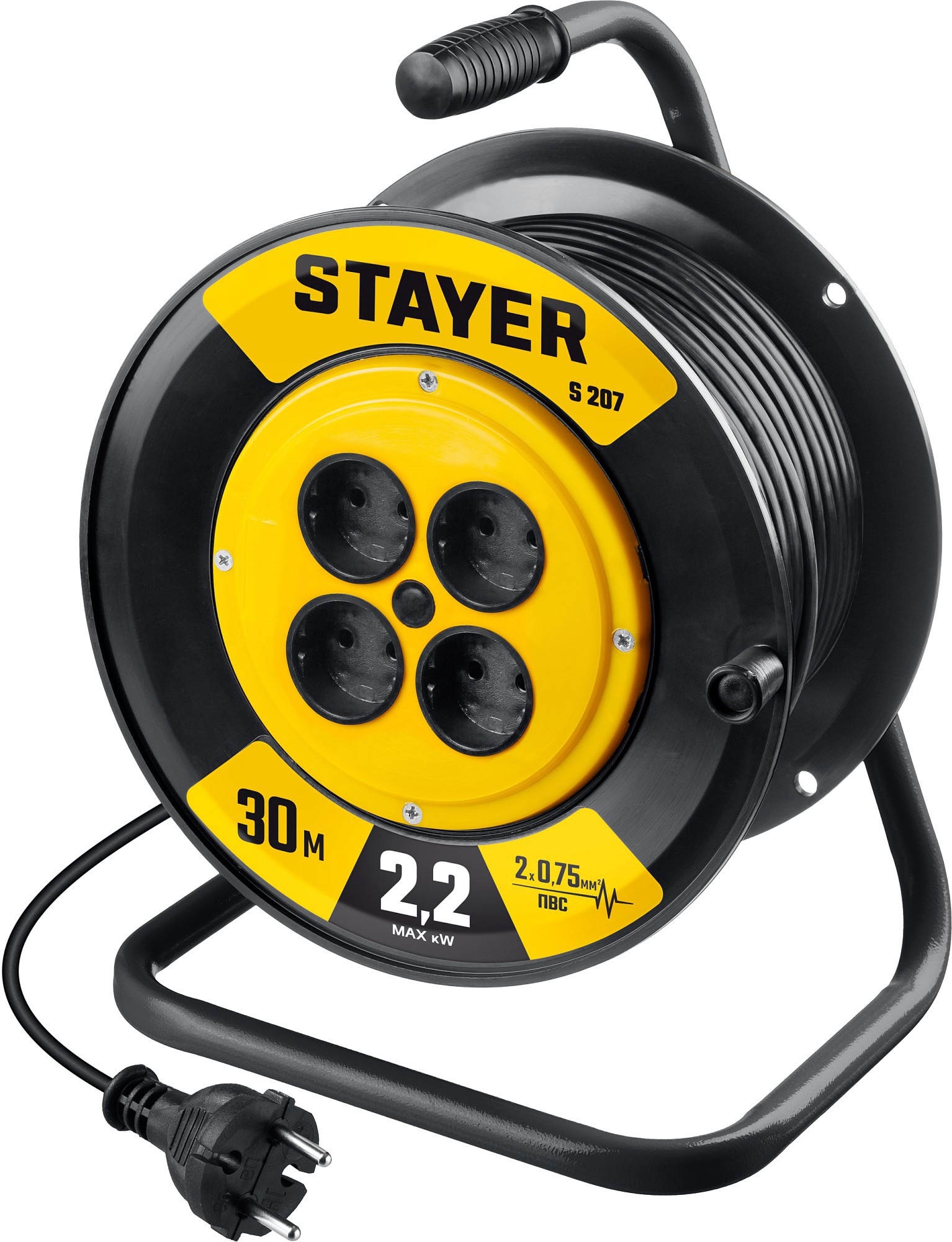 Изображение товара Удлинитель на катушке Stayer 55073-30_z02 4 розетки без заземления 2x0.75 мм 30 м 2200 Вт цвет желтый