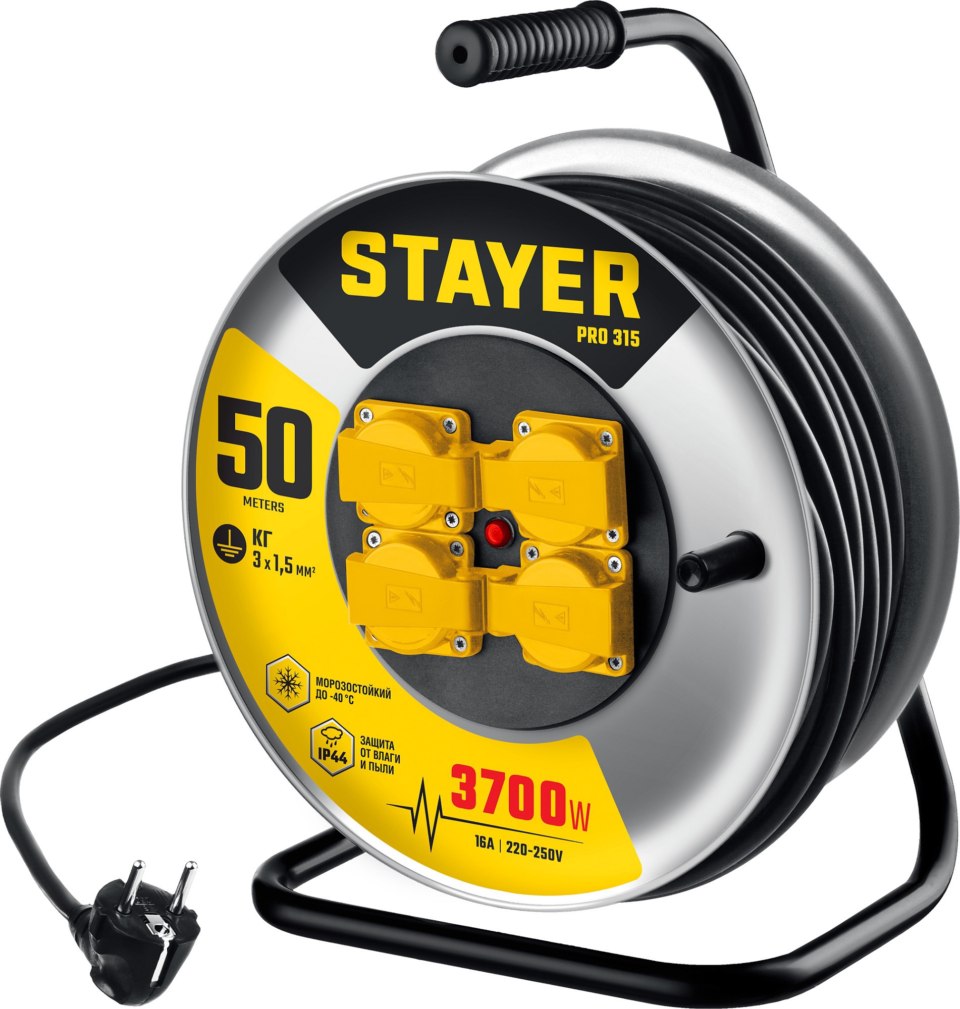 Изображение товара Удлинитель на катушке силовой Stayer 55077-50_z01 4 розетки с заземлением 3x1.5 мм 50 м 3700 Вт цвет желтый