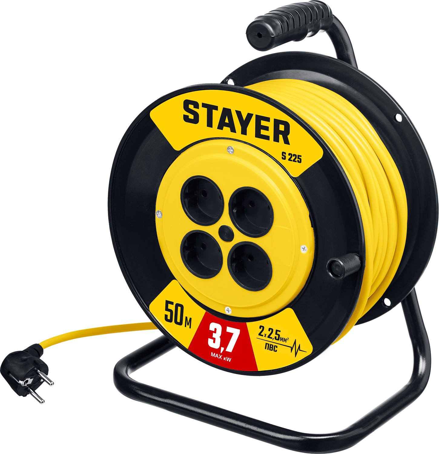 Изображение товара Удлинитель на катушке силовой Stayer 55070-50 4 розетки без заземления 2x2.5 мм 50 м 3750 Вт цвет желтый