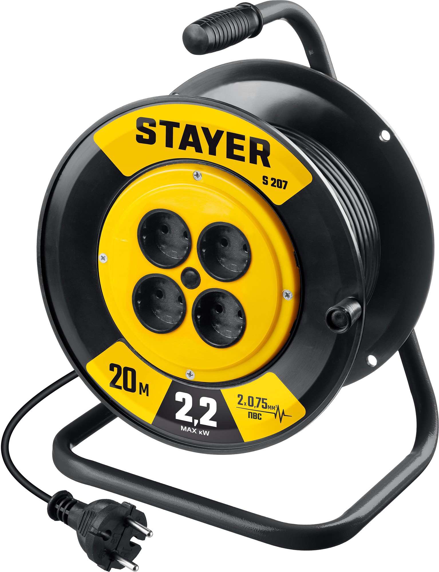Изображение товара Удлинитель на катушке Stayer 55073-20_z02 4 розетки без заземления 2x0.75 мм 20 м 2200 Вт цвет желтый Изображение товара Удлинитель на катушке Stayer 55073-20_z02 4 розетки без заземления 2x0.75 мм 20 м 2200 Вт цвет желтый
