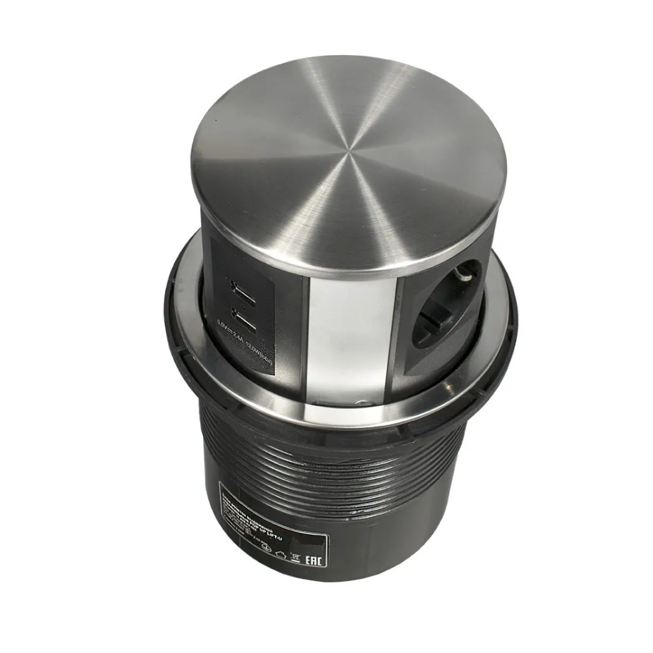 Изображение товара Розетка тройная выдвижная встраиваемая Inrior MAC-U-S с заземлением со шторками вертикальная 2 USB цвет серебристый