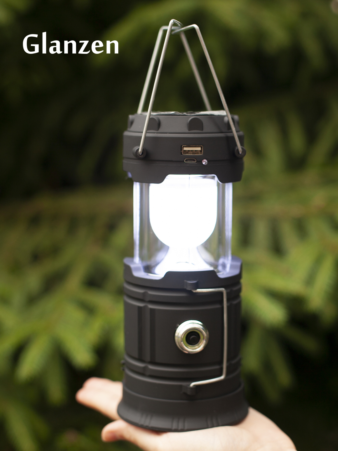 Изображение товара Кемпинговый фонарь Glanzen CFL-0350-5803 с солнечной батареей 350 Лм черный