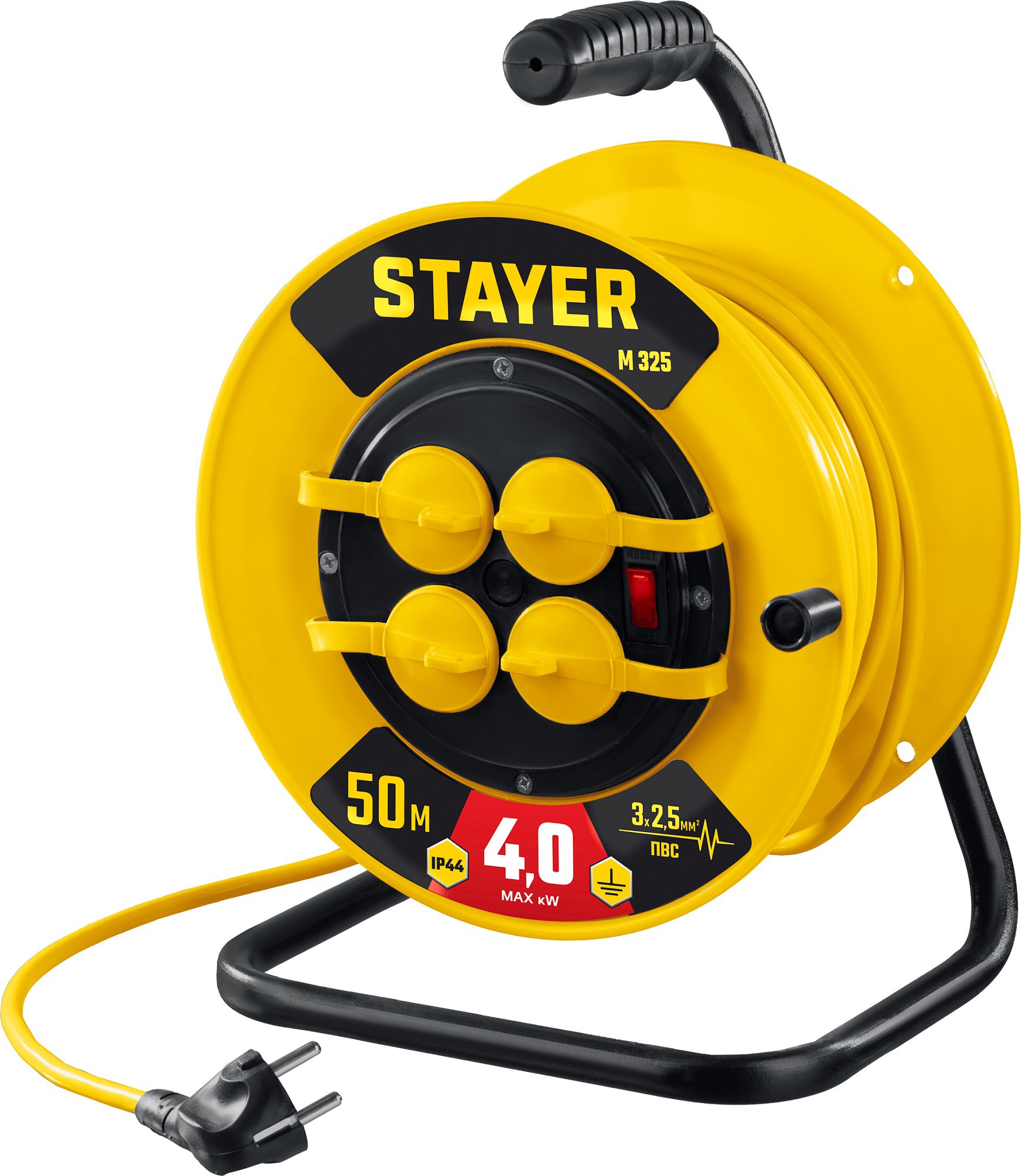 Изображение товара Удлинитель на катушке STAYER М 325 55064 50 4 розетки с заземлением 50 м 4000 Вт IP44