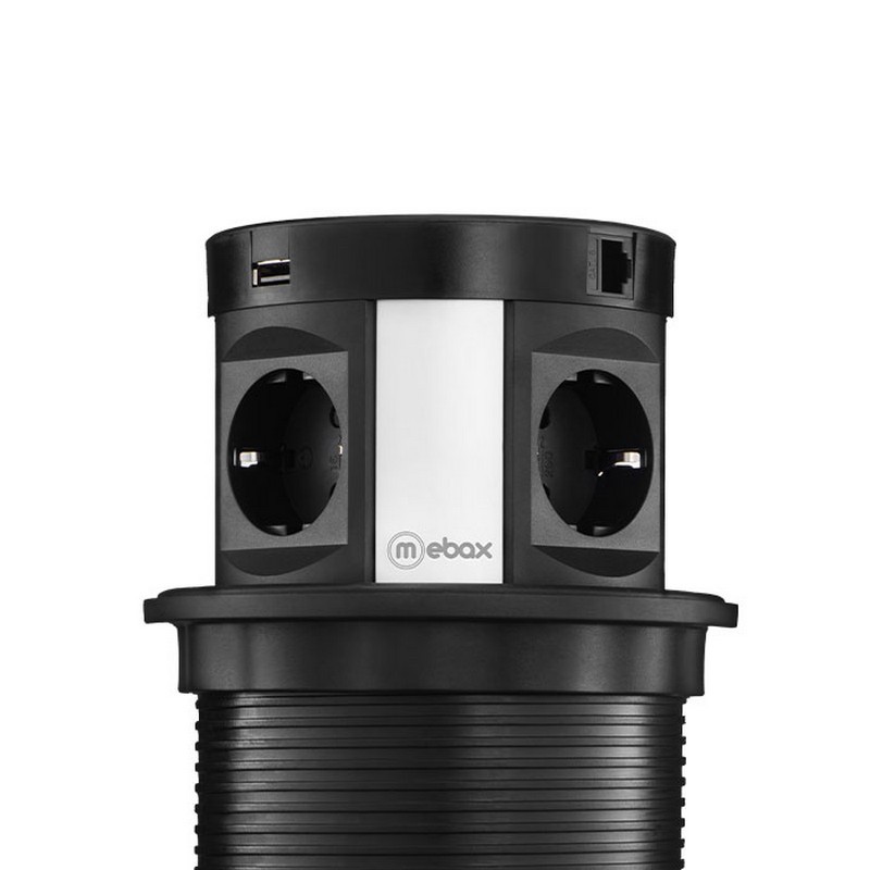 Изображение товара Розетка выдвижная четверная встраиваемая Mebax G10704-IQ2R2UCB с заземлением 2 USB 2 RJ-45 вертикальная цвет черный