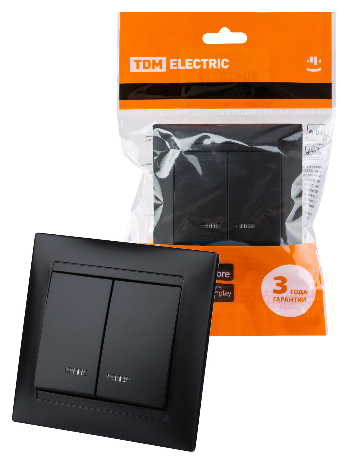 Изображение товара Выключатель накладной Tdm electric Лама SQ1815-0605 2 клавиши с подсветкой цвет черный