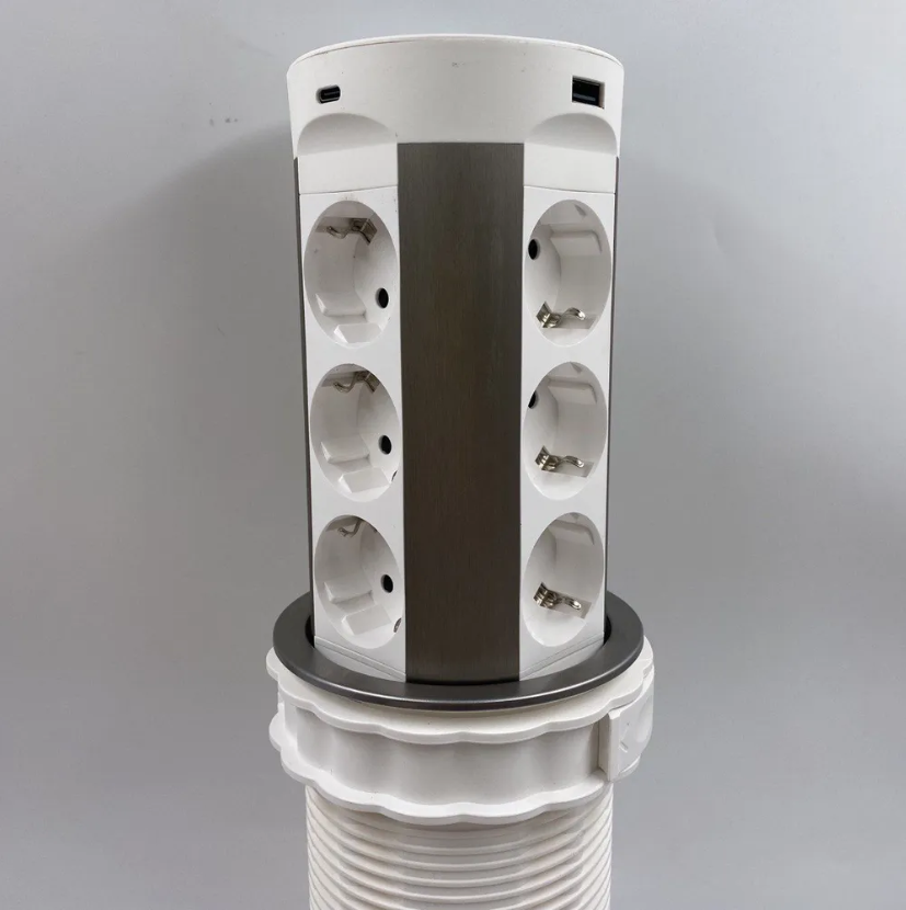 Изображение товара Розетка выдвижная встраиваемая Inrior Mark-01-10 12 розеток с заземлением беспроводной зарядкой и USB вертикальная цвет белый