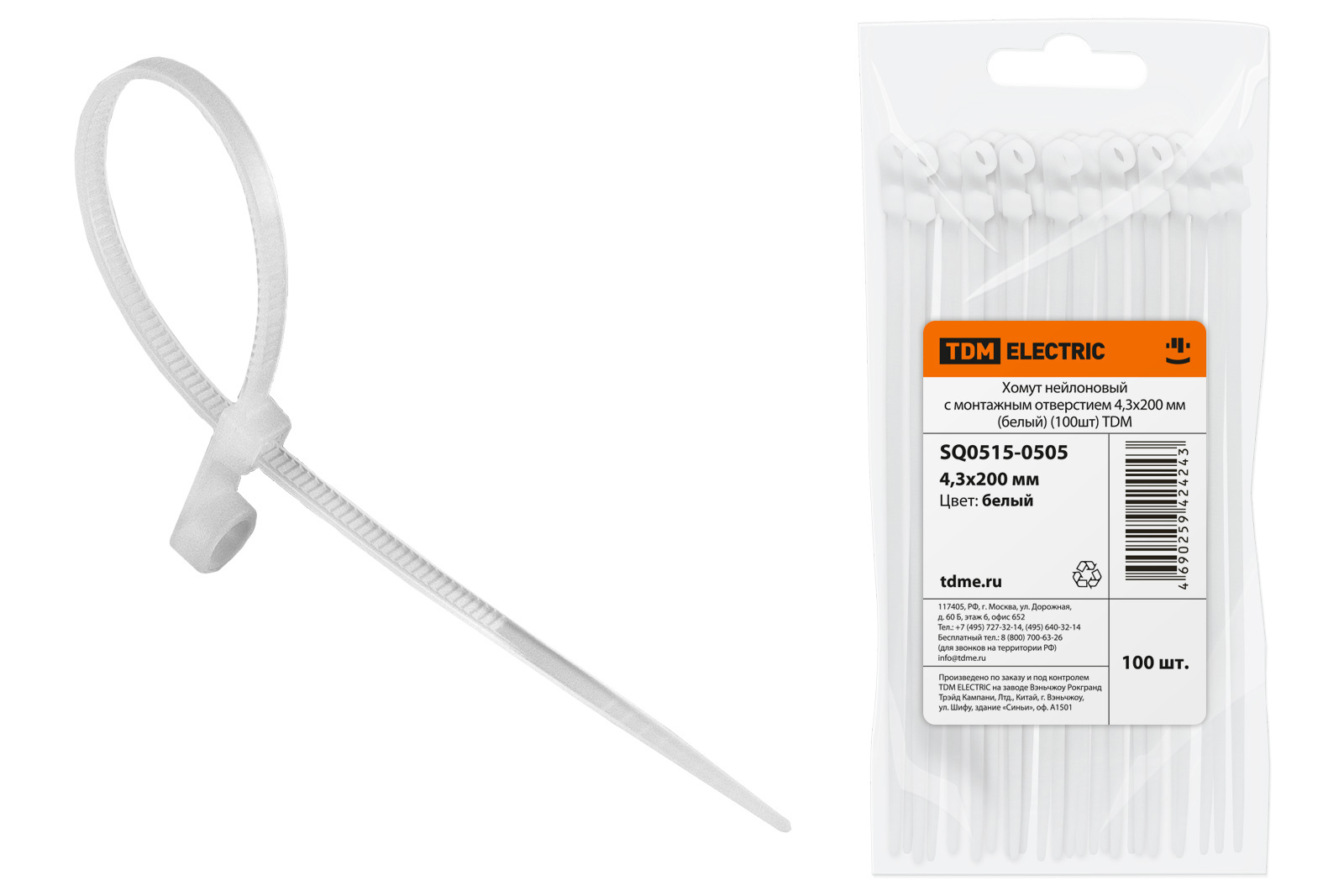 Изображение товара Кабельная стяжка TDM ELECTRIC 4.3x105 мм белая, 100 шт