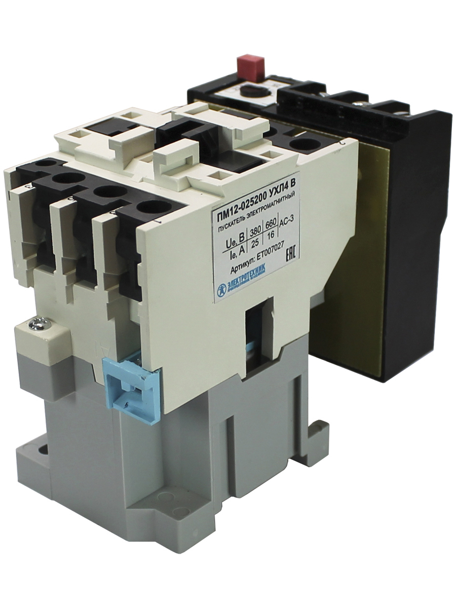 Изображение товара Пускатель электромагнитный Электротехник ПМ12-025200 УХЛ4 В 380В/50Гц 1з 25А нереверсивный с релеРТТ-131 212-287А IP00