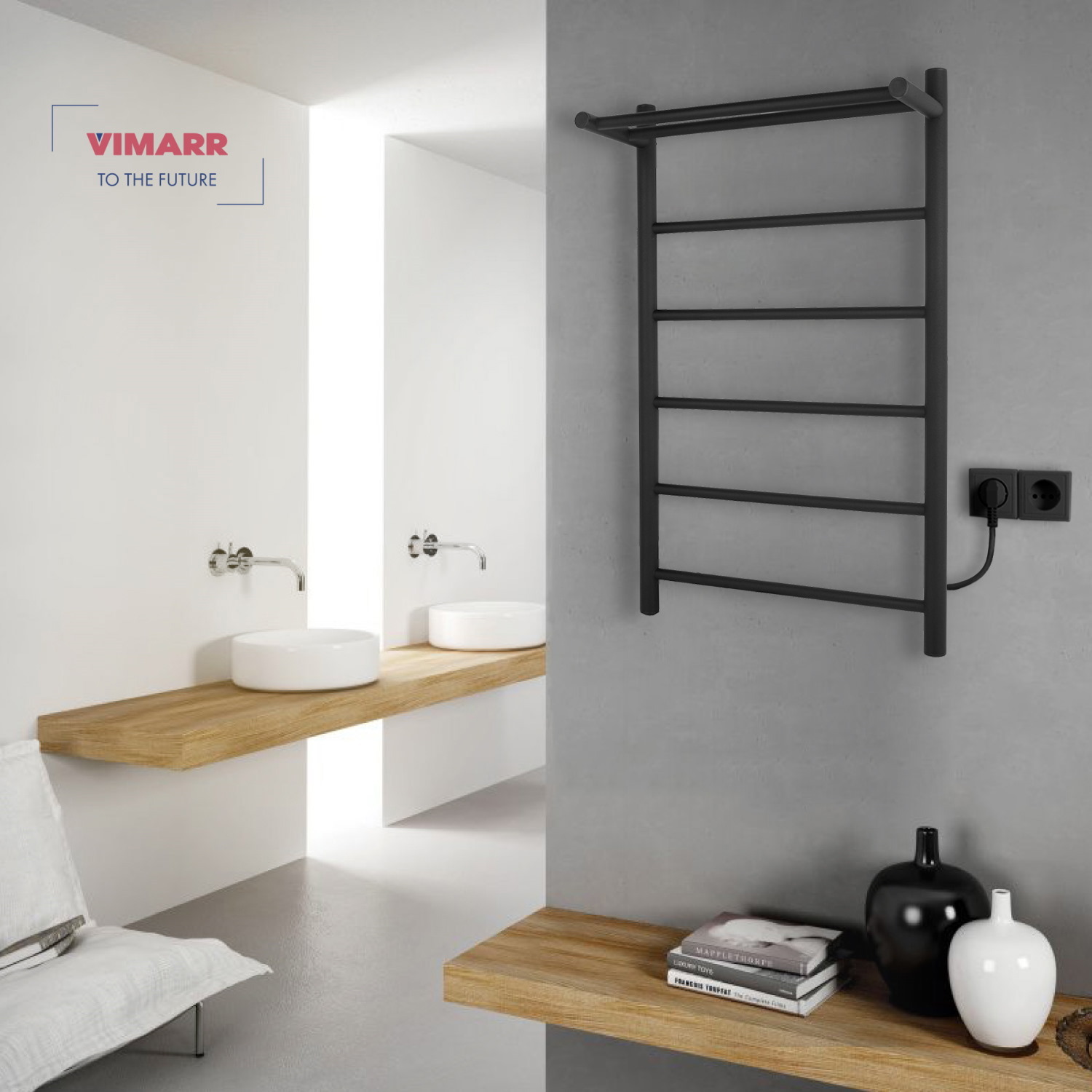 Изображение товара Электрический полотенцесушитель Vimarr Kaskad Mega 500x800 мм с полкой черный 308 Вт