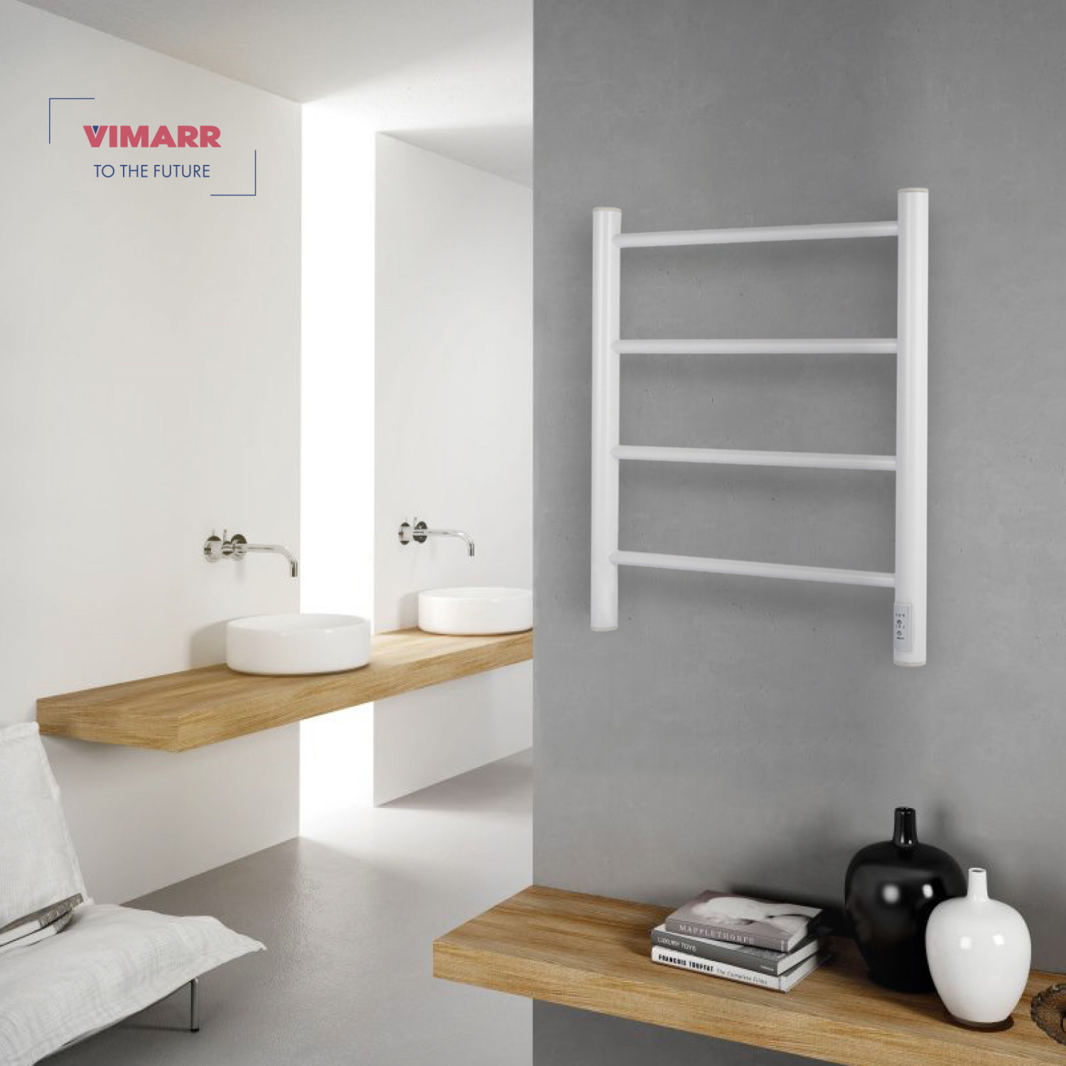 Изображение товара Полотенцесушитель электрический Vimarr Kaskad Mega LNK-LMVMRKe0411LTS56W 500x600 мм 308 Вт с терморегулятором лесенка цвет белый