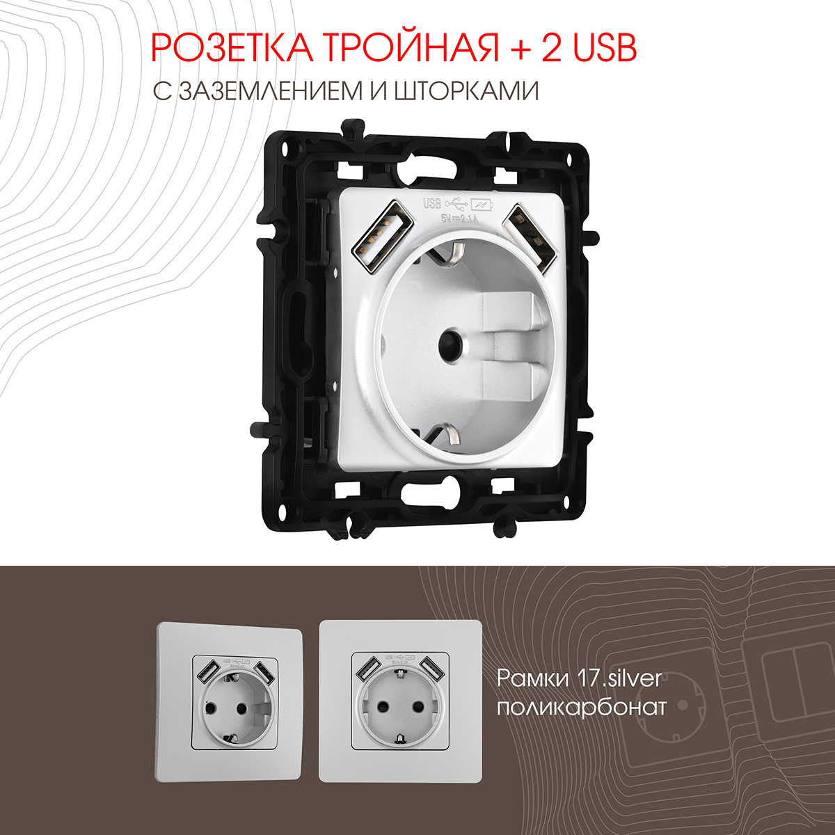 Изображение товара Розетка встраиваемая Arte milano 217.47-1.silver с заземлением шторками и USB цвет серебро