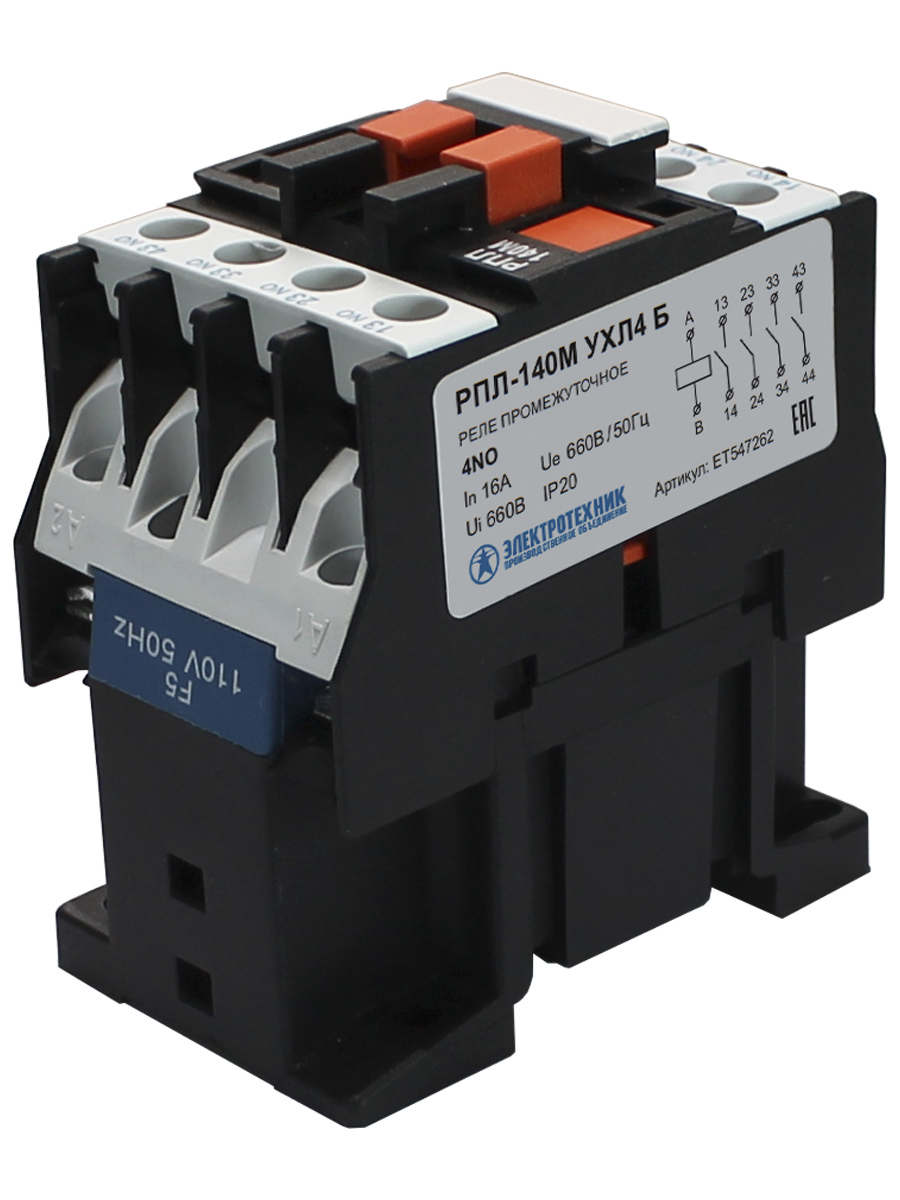 Изображение товара Реле промежуточное Электротехник РПЛ-140М УХЛ4 Б 220В/50Гц 4з 16А IP20