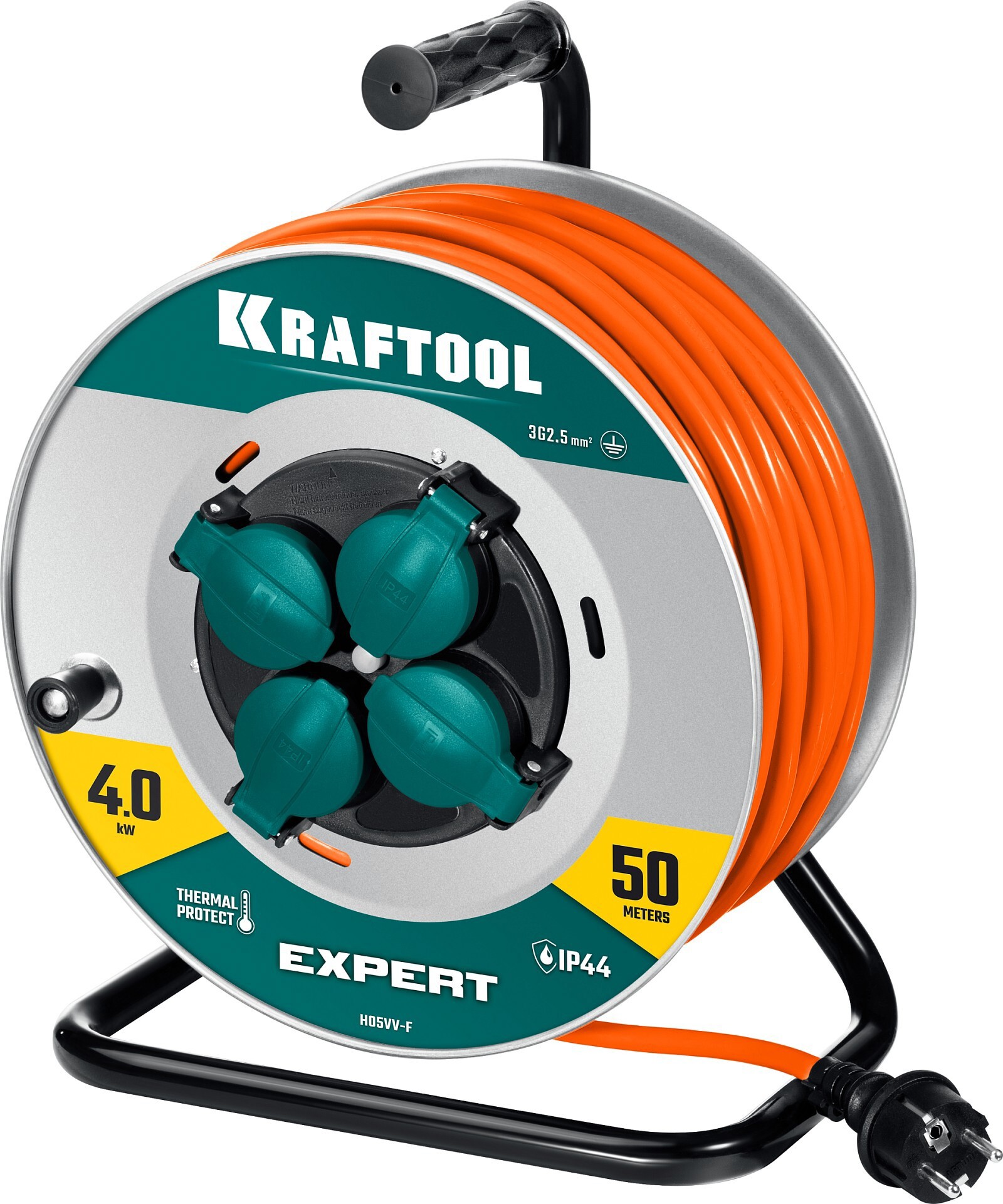 Изображение товара Удлинитель Kraftool 55089-50 на катушке 50 м 4 розетки заземление IP44