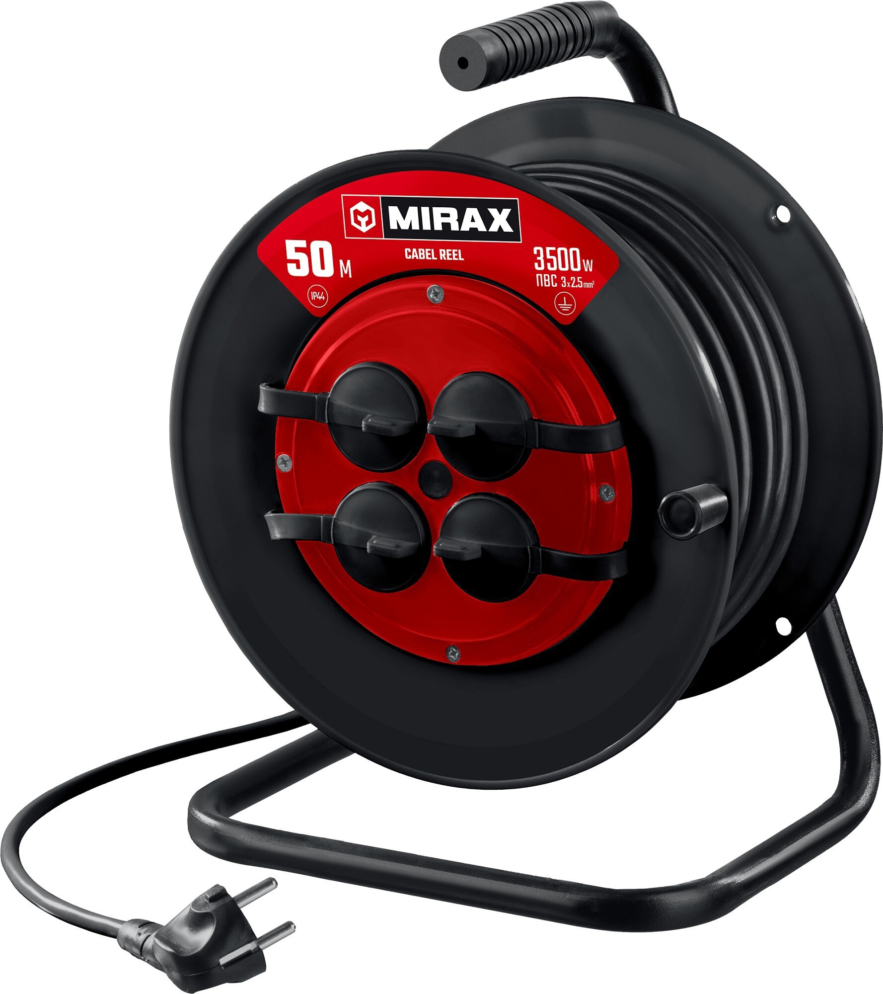 Изображение товара Удлинитель на катушке Mirax 55051-50 4 розетки 50 м 3500 Вт черный