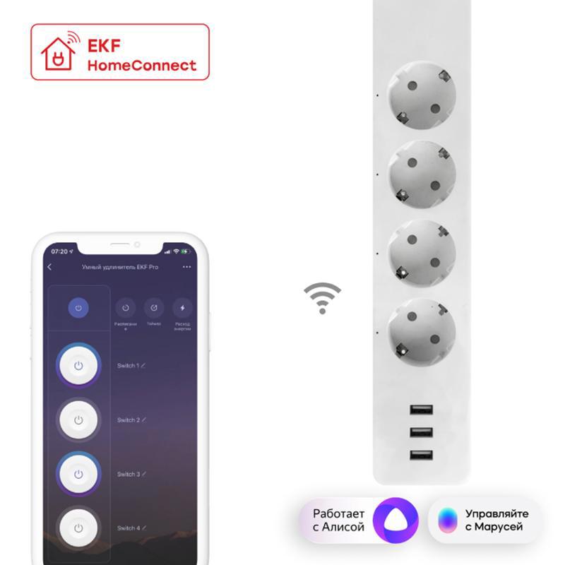 Изображение товара Умный удлинитель EKF RCE-2-WF с 4 розетками и USB порты, управление через приложение