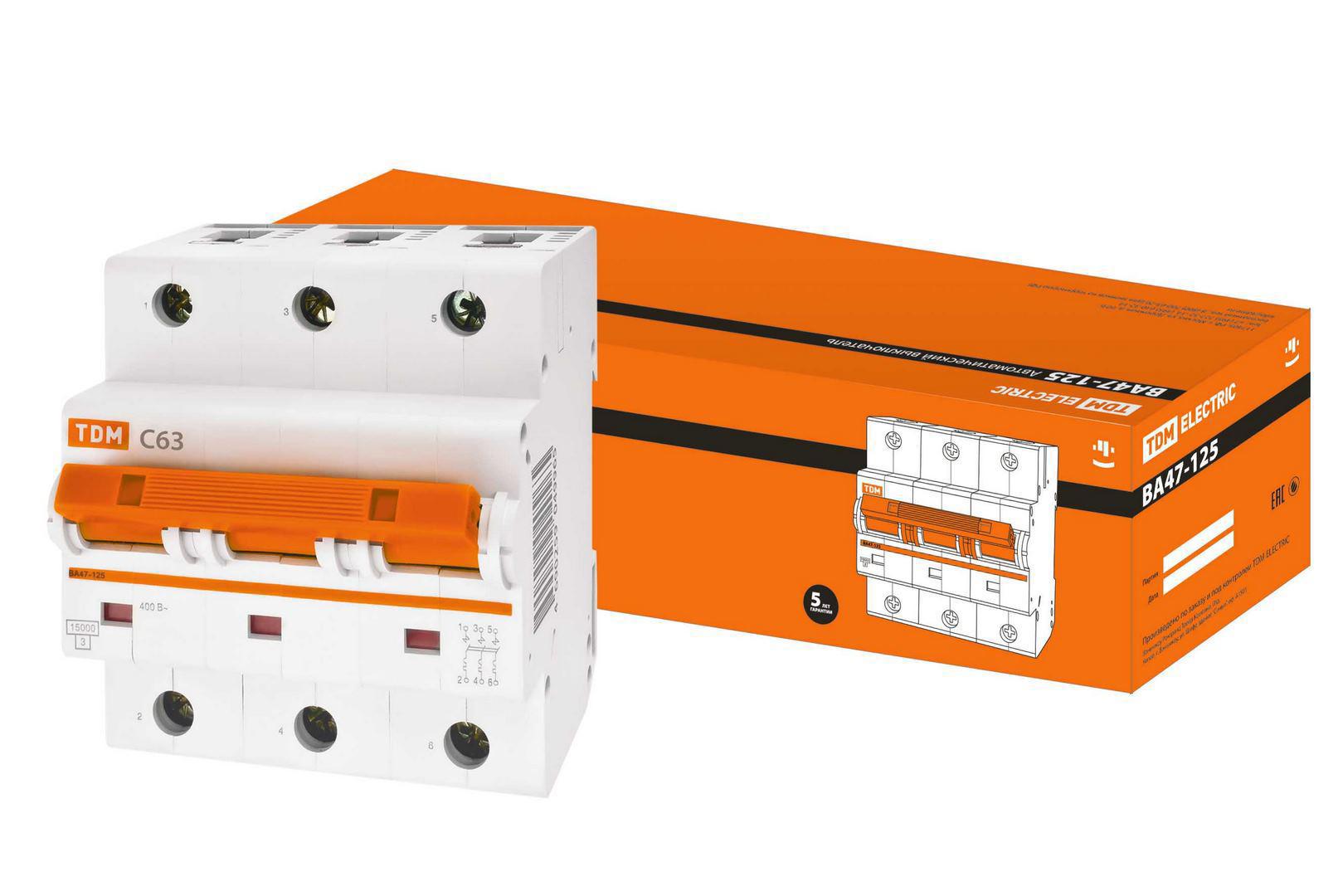 Изображение товара Автоматический выключатель TDM Electric ВА47-125 3P C63 A 15 kA SQ0208-0081