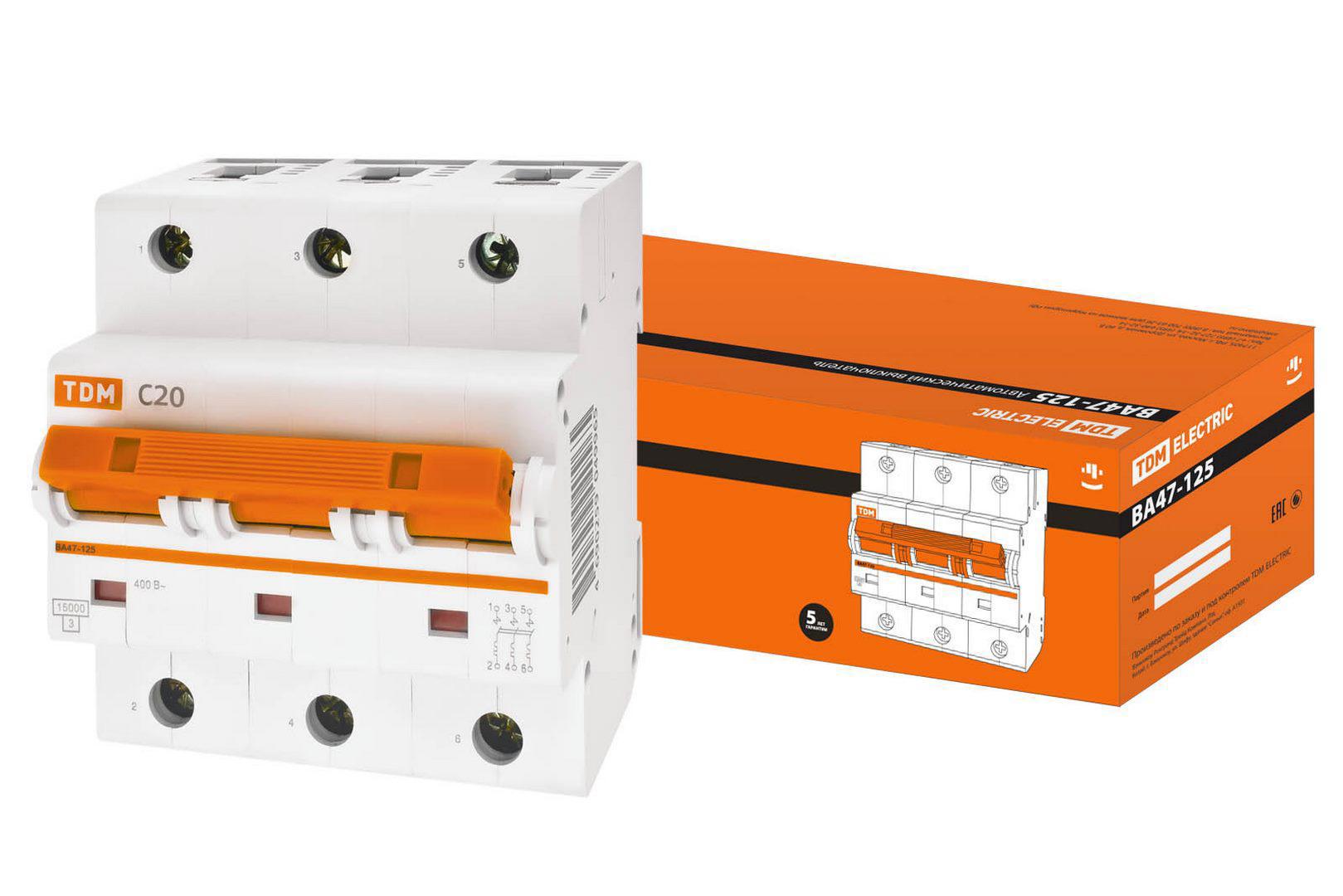 Изображение товара Автоматический выключатель Tdm Electric ВА47-125 3P C20 А 15 кА SQ0208-0075