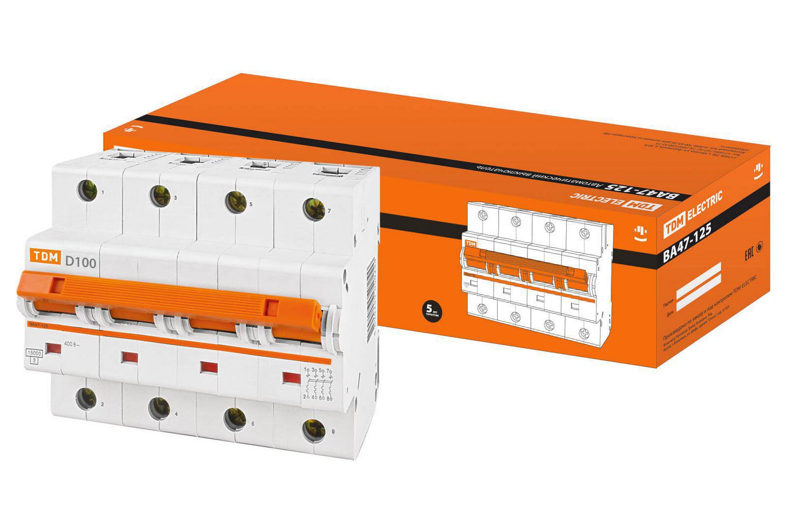 Изображение товара Автоматический выключатель Tdm Electric ВА47-125 4P D100 А 15 кА SQ0208-0047