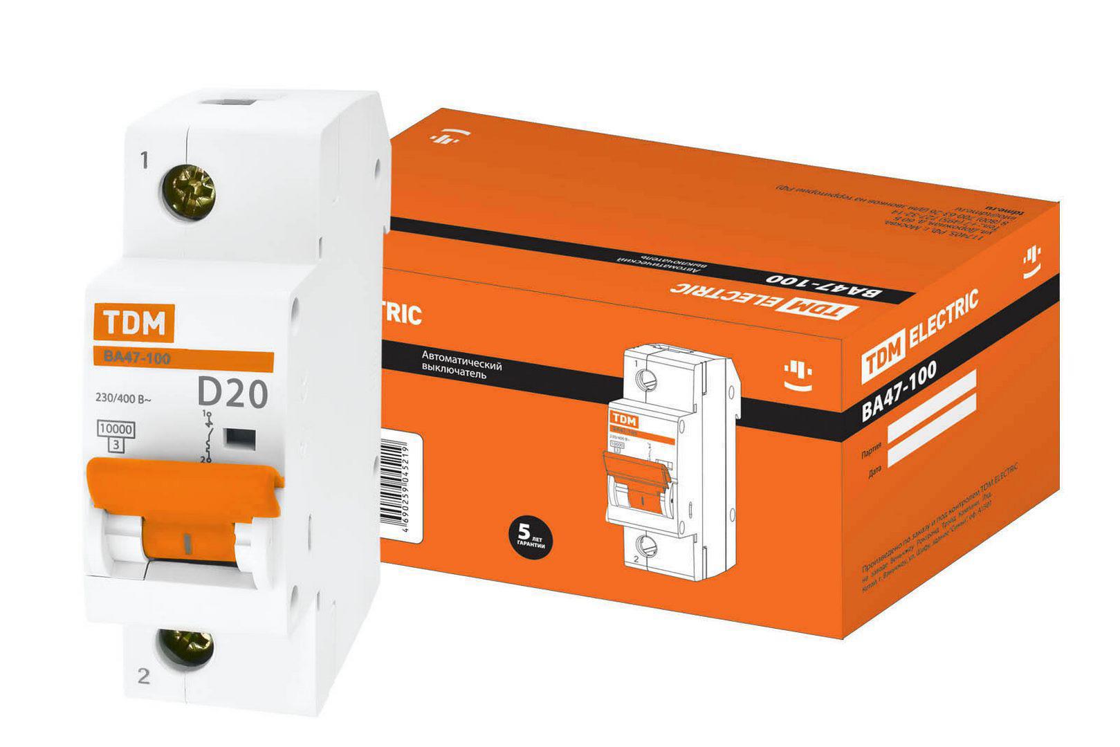Изображение товара Автоматический выключатель ВА47-10 1P D20 A 10 кА TDM ELECTRIC