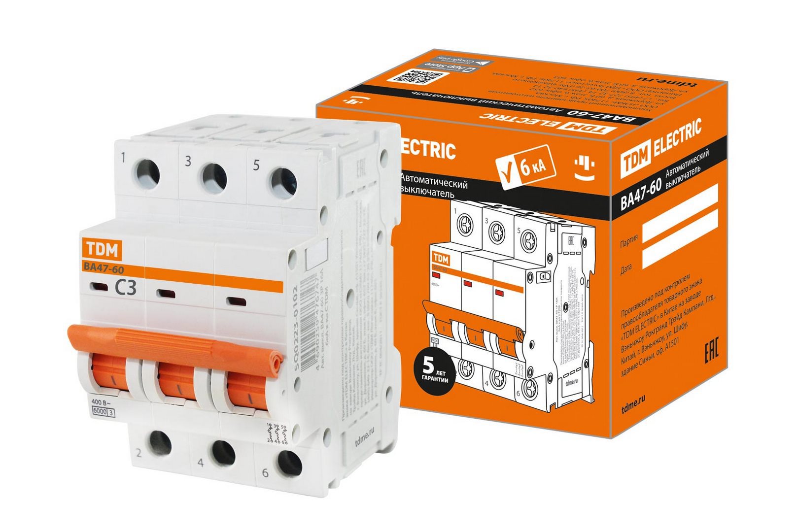 Изображение товара Автоматический выключатель Tdm Electric ВА47-60 3P 6К А 50% Изображение товара Автоматический выключатель Tdm Electric ВА47-60 3P 6К А 50%