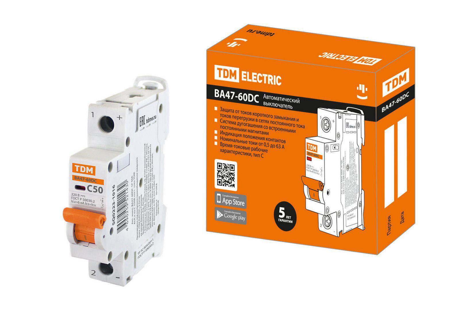 Изображение товара Автоматический выключатель VA47-60DC 50А 6кА однофазный изготовителя TDM ELECTRIC
