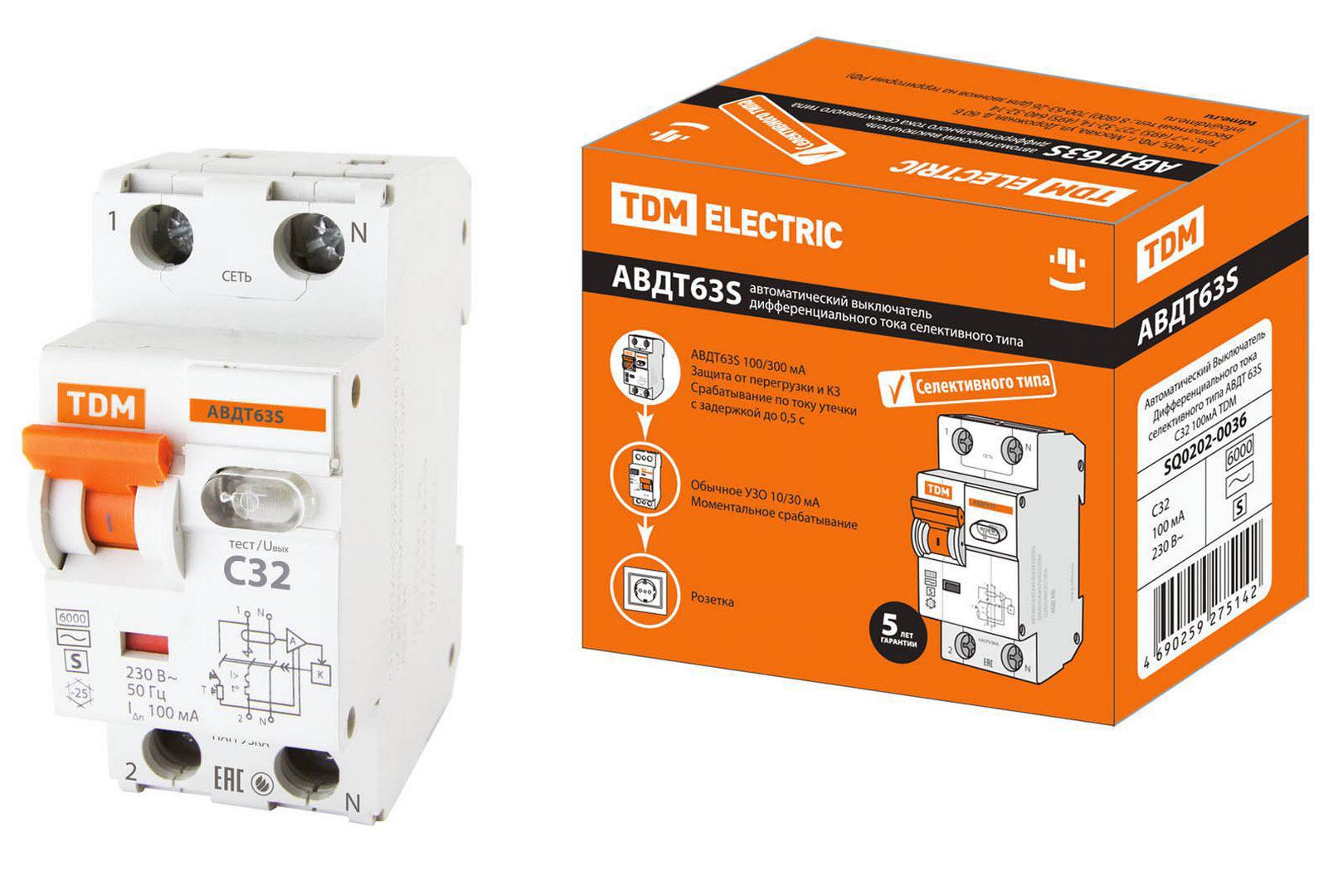 Изображение товара Дифференциальный автомат Tdm Electric АВДТ-63S 1P N C32 A 100 мА 6 кА AC SQ0202-0036