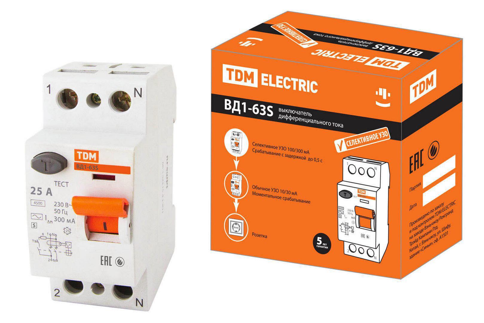 Изображение товара УЗО Tdm electric ВД1-63S 2P 25 А 300 мА AC SQ0203-0053